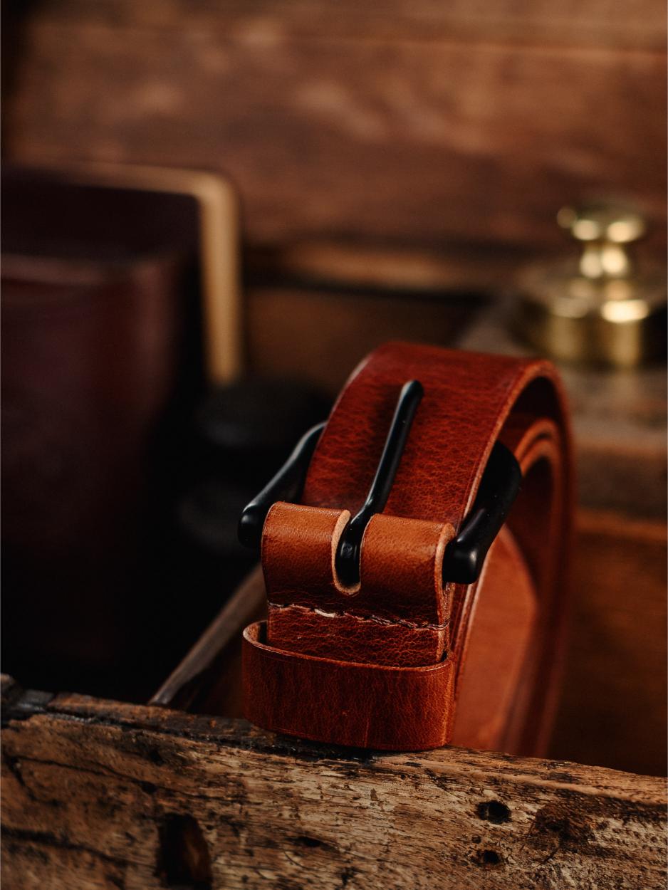 Leather Belt Matt Black Nickel 32mm - Cognac