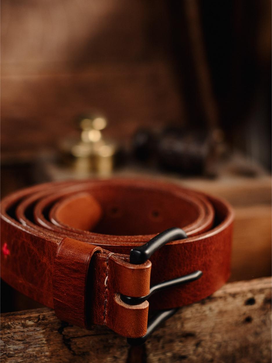 Leather Belt Matt Black Nickel 32mm - Cognac