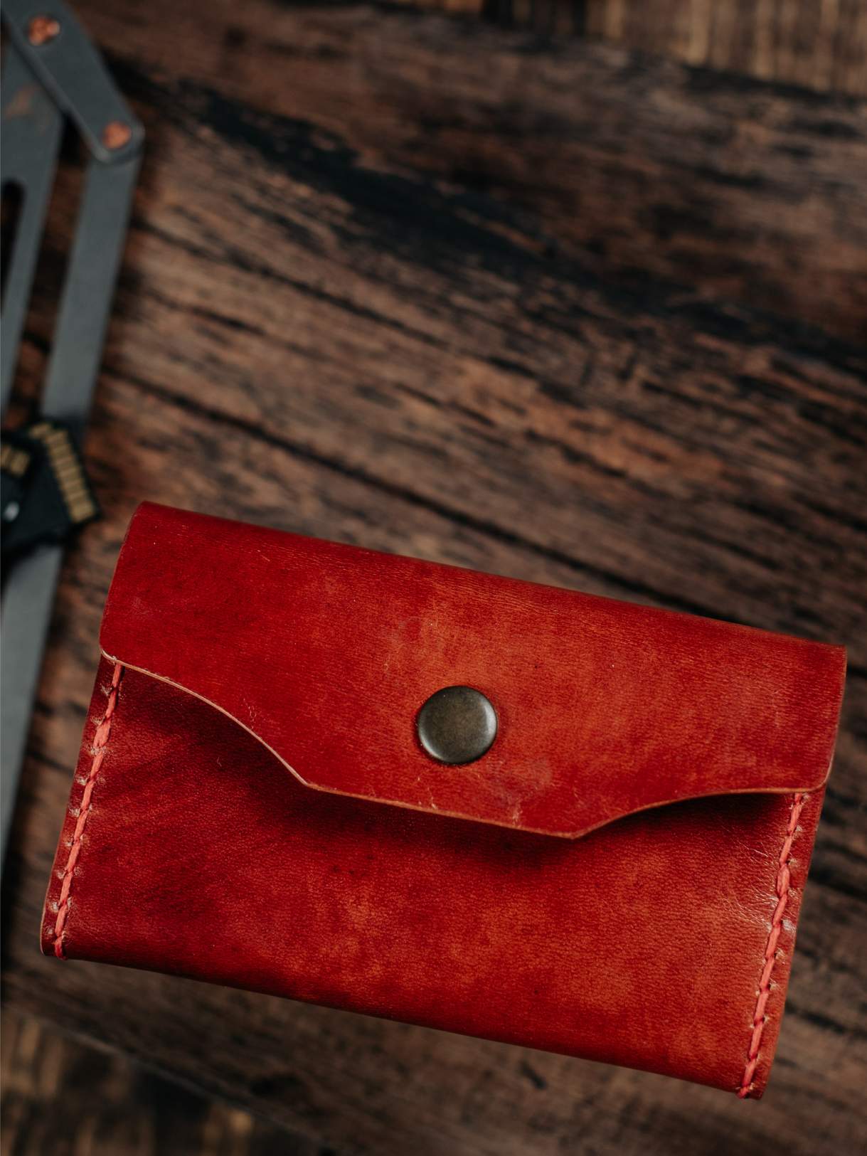 Lavietnamita leather wallet folded duo tone red and caramel with snap button