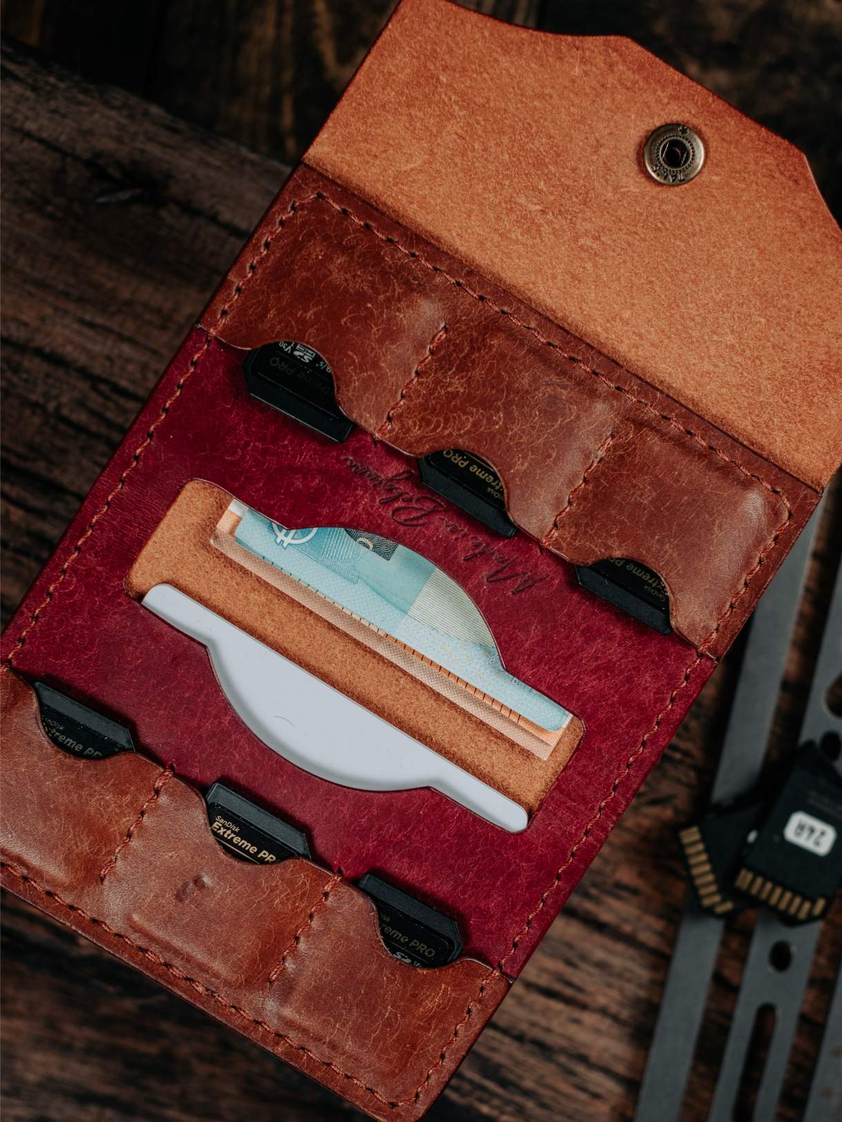 Lavietnamita 6 sd card wallets and cash for photographer cognac burgundy duo tone