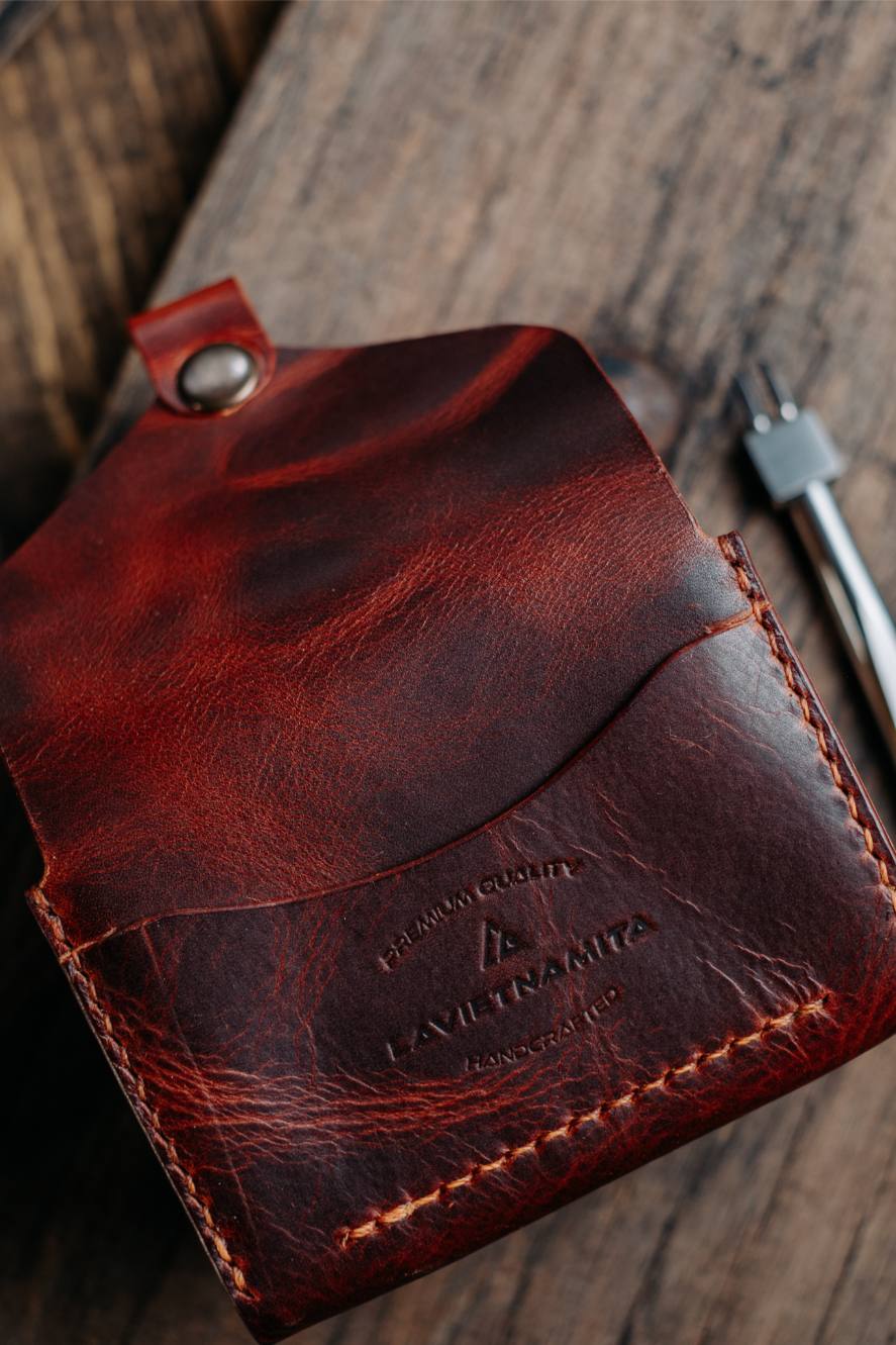 The Traveller handmade leather wallet red colour full open back side