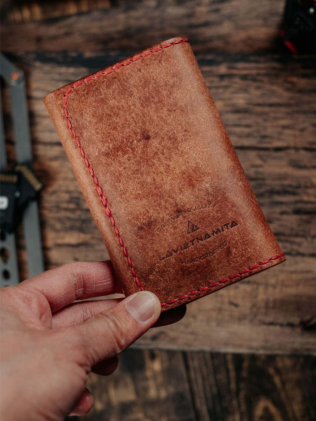 Lavietnamita handmade sd card wallet  tan colour folded backside with logo for photographer