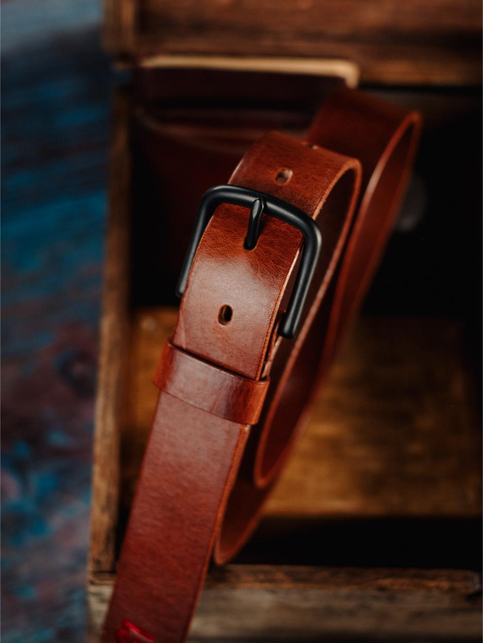 Leather Belt Matt Black Nickel 32mm - Cognac