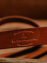 Lavietnamita leather camera strap with neck pad close up store logo